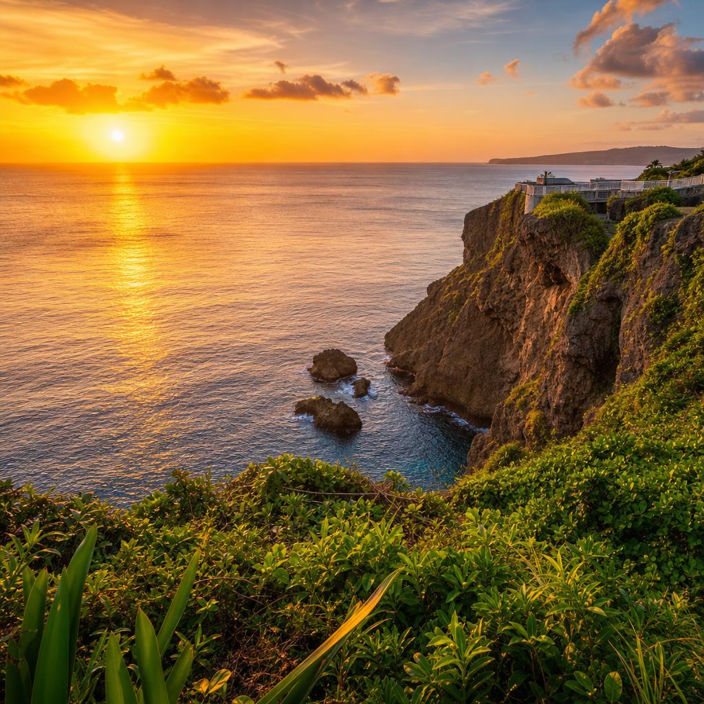 Dramatic cliffs at Two Lovers Point overlook the expansive sea during a Guam sunset.