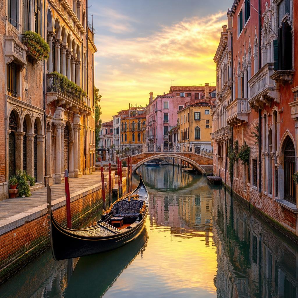 A gondola on a quiet Venetian canal at golden hour, Venice, Italy