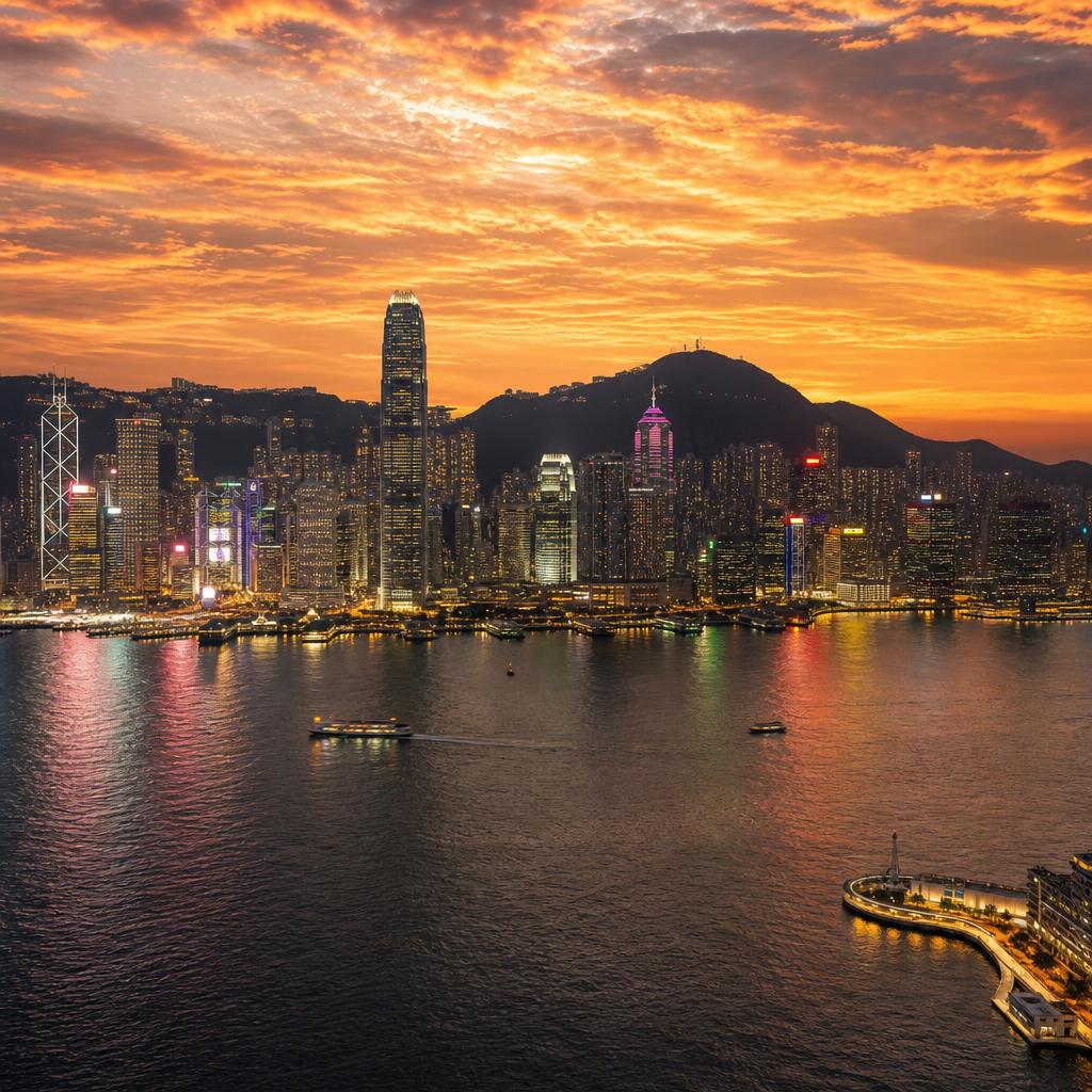Evening light transforms the iconic skyscrapers of the Hong Kong harbor into glowing silhouettes.