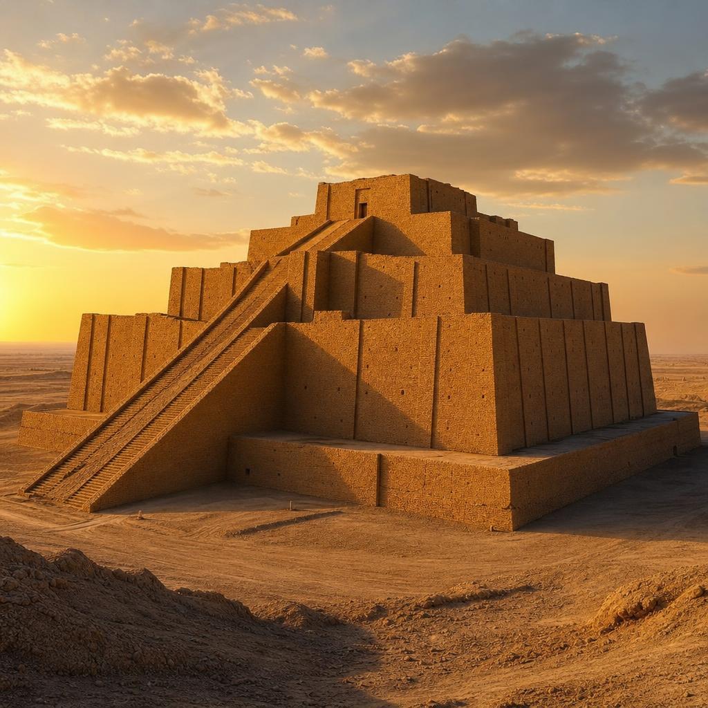 Golden desert light hits the ancient bricks of the Ziggurat of Ur in Iraq.