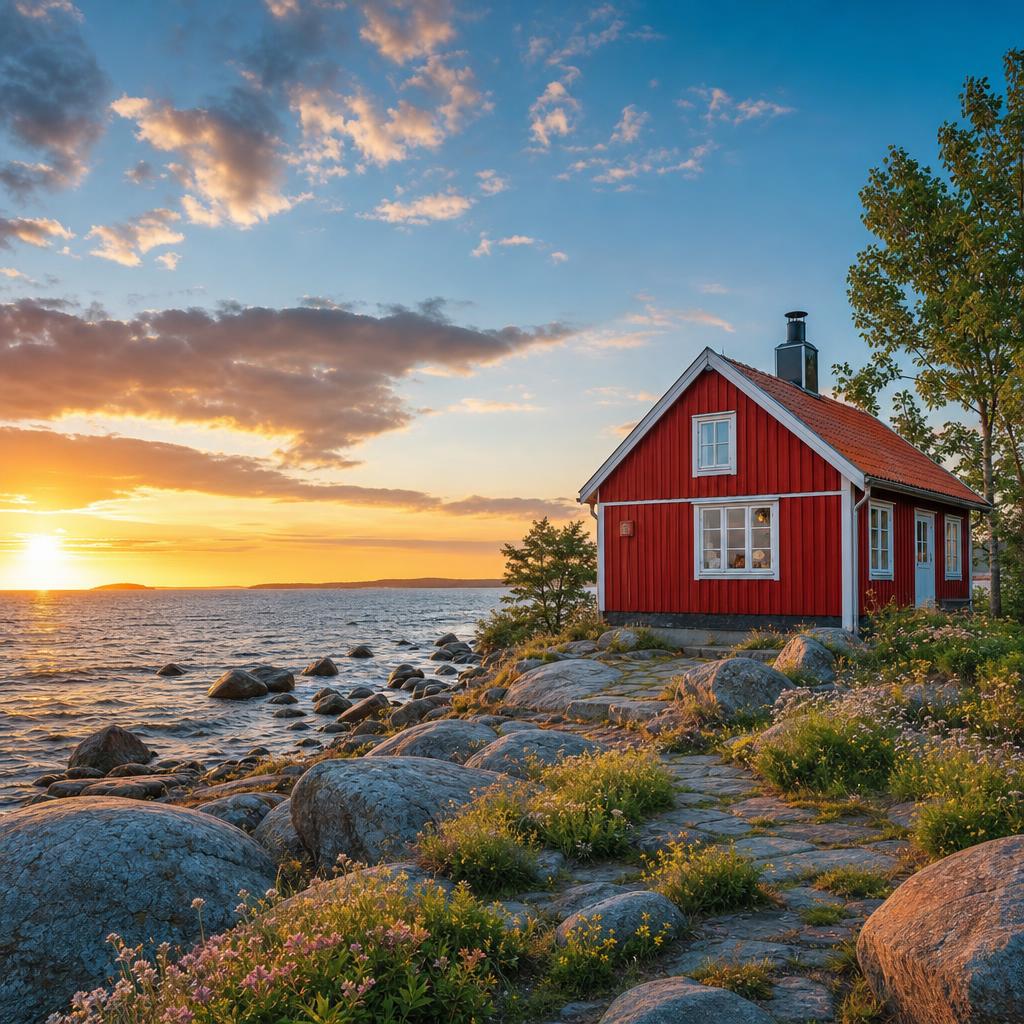 This charming red cottage overlooks the calm Baltic sea in the Aland Islands.