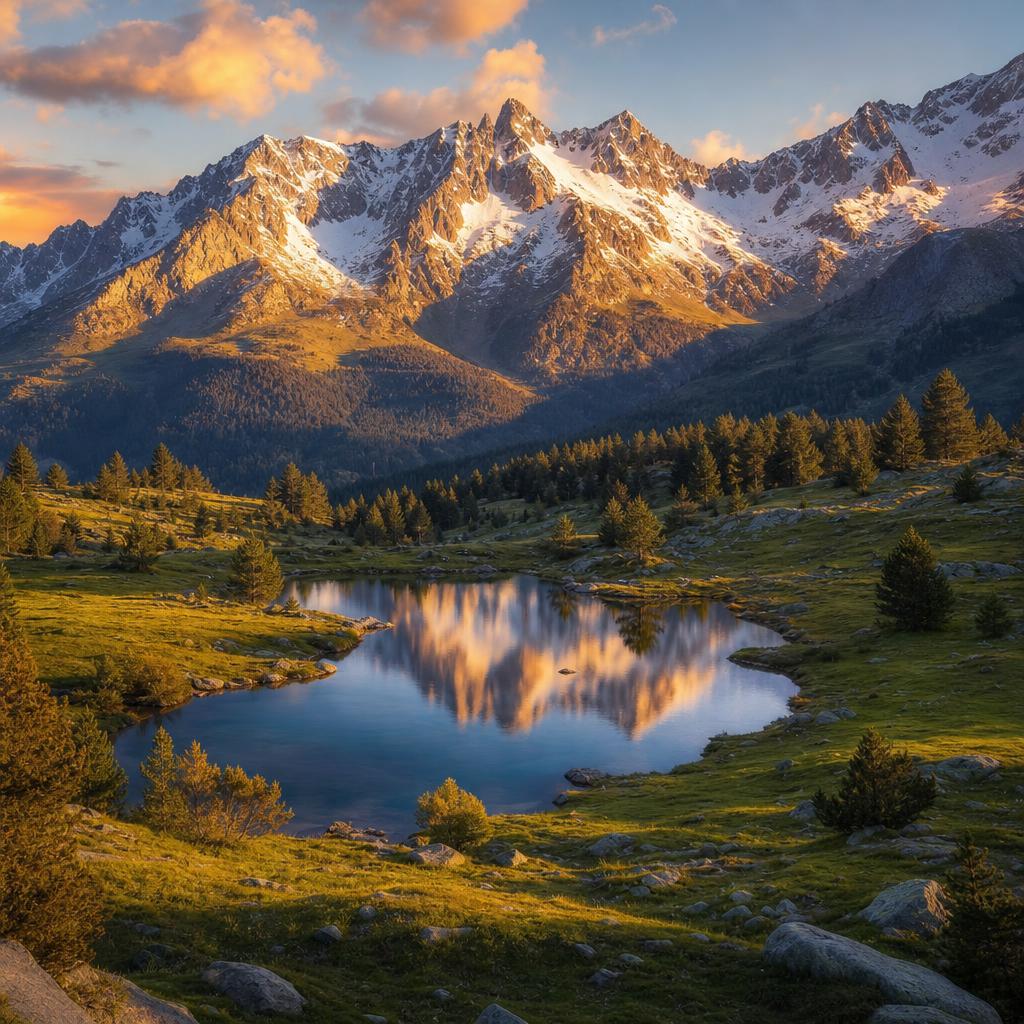 Majestic snowy peaks define the high-altitude landscape of Andorra at sunset.