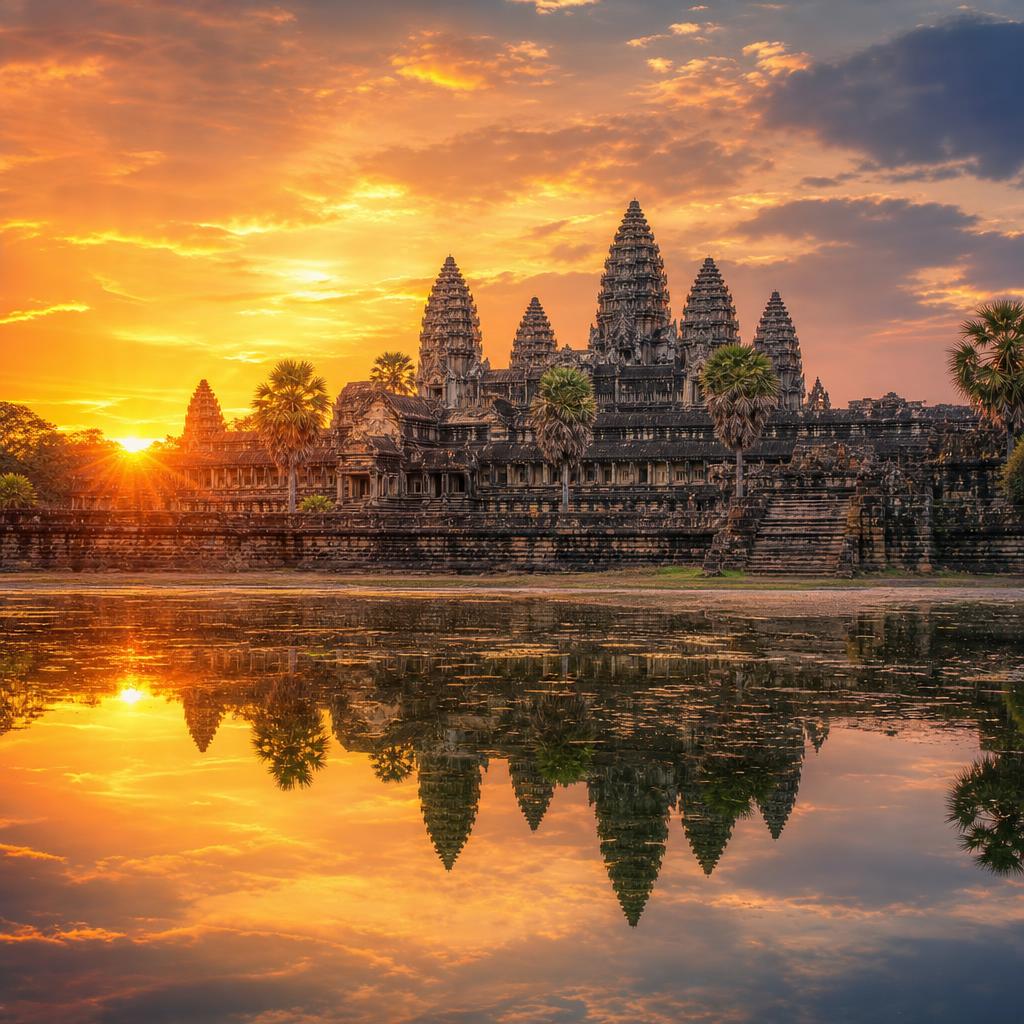 The iconic Angkor Wat temple glows under the warm light in Cambodia.