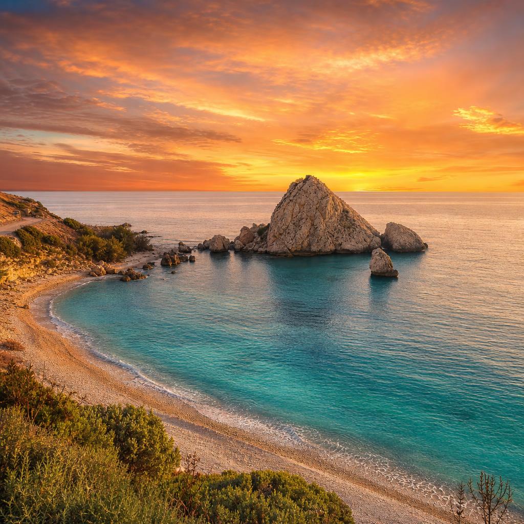 The legendary Aphrodite's Rock catches the final rays of sun in Cyprus.