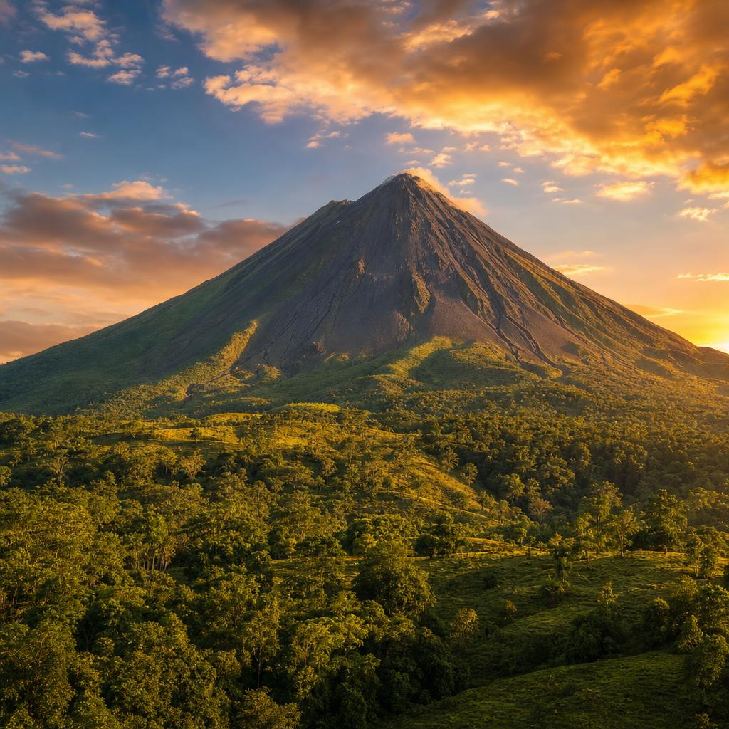 Lush forests surround the imposing Arenal Volcano in beautiful Costa Rica.