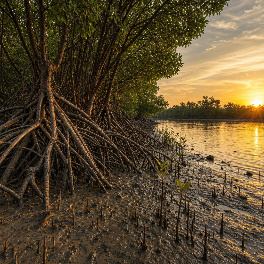 Rich tidal forests of the Sunderbans flourish along the delta in Bangladesh.