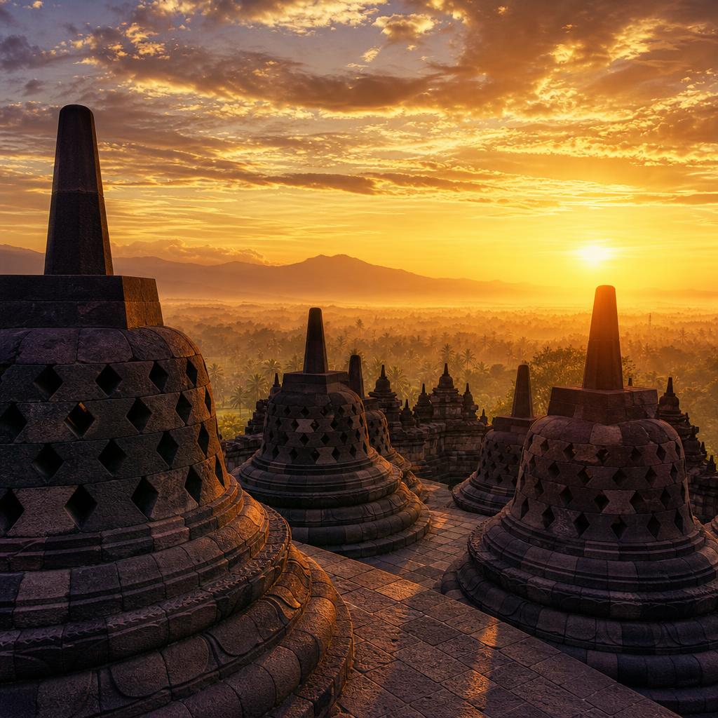 Ancient stone stupas at the Borobudur temple stand peacefully during an Indonesian sunset.