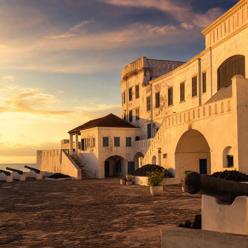 Golden evening light illuminates the historic stone architecture of Cape Coast Castle in Ghana.