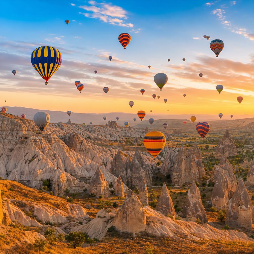 Hot-air balloons over the valleys of Cappadocia at sunrise, Türkiye