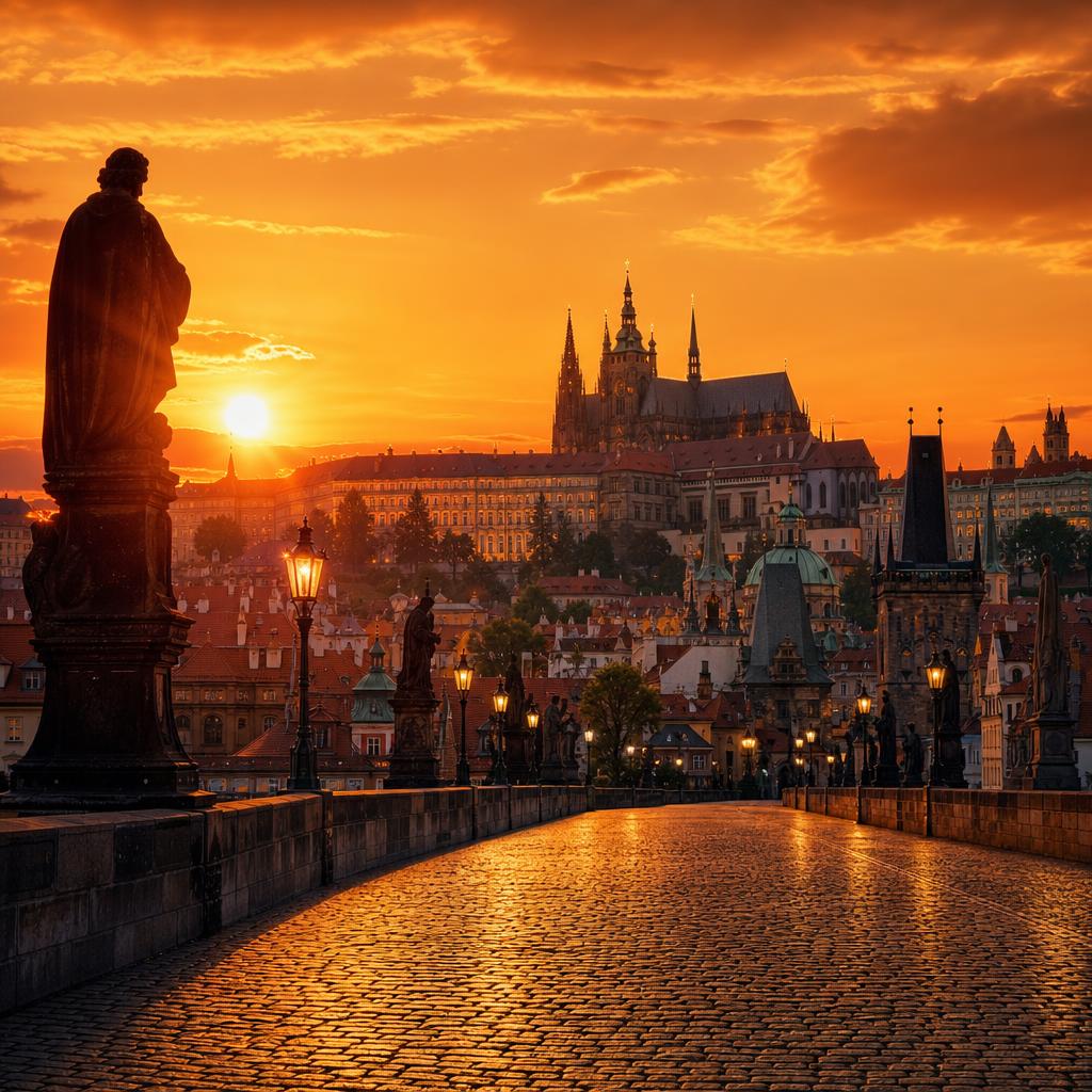 A sunset view from the historic Charles Bridge in Prague, Czech Republic.