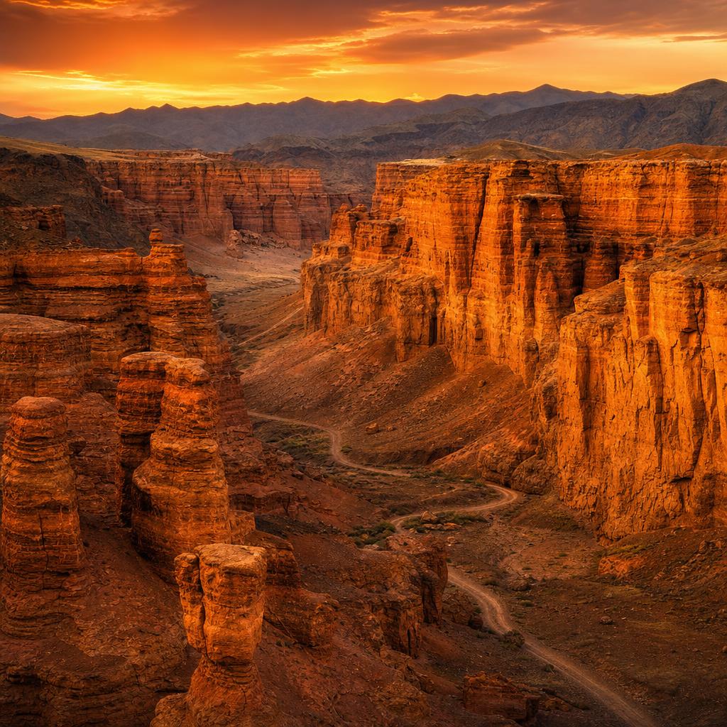 Vivid orange hues define the jagged rock formations of Charyn Canyon in Kazakhstan.