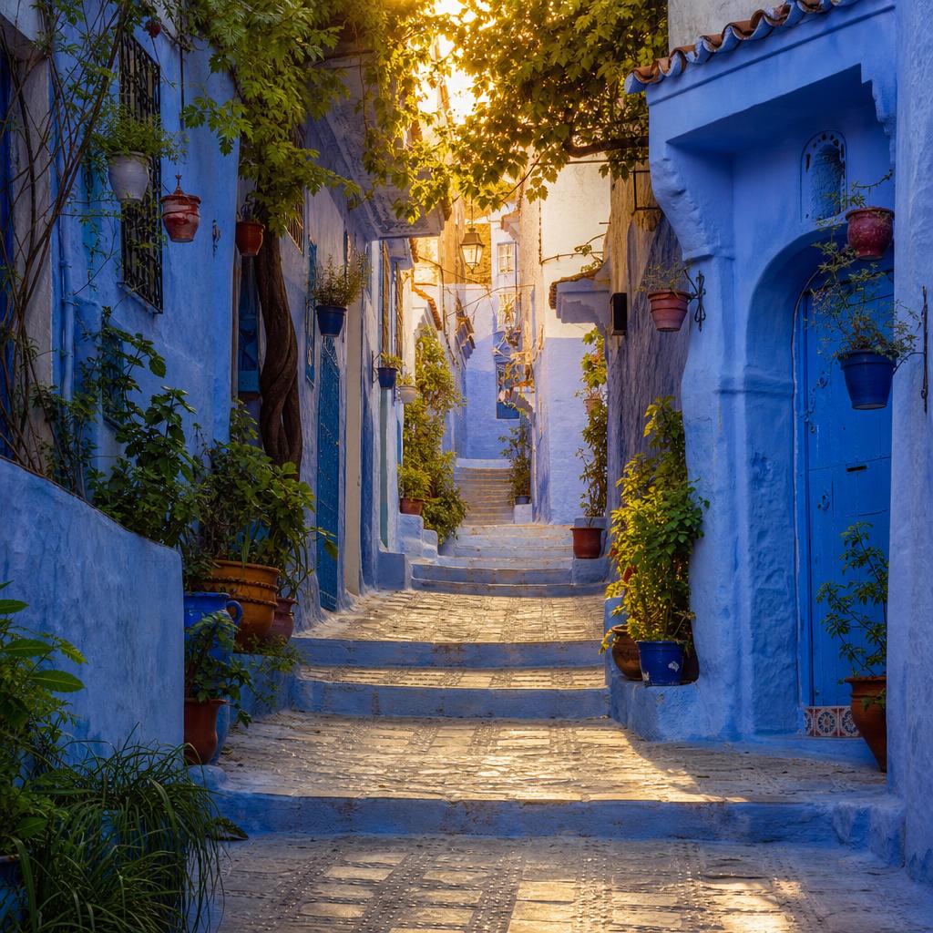 Sunlight touches the famous blue streets of Chefchaouen during a quiet Moroccan afternoon.