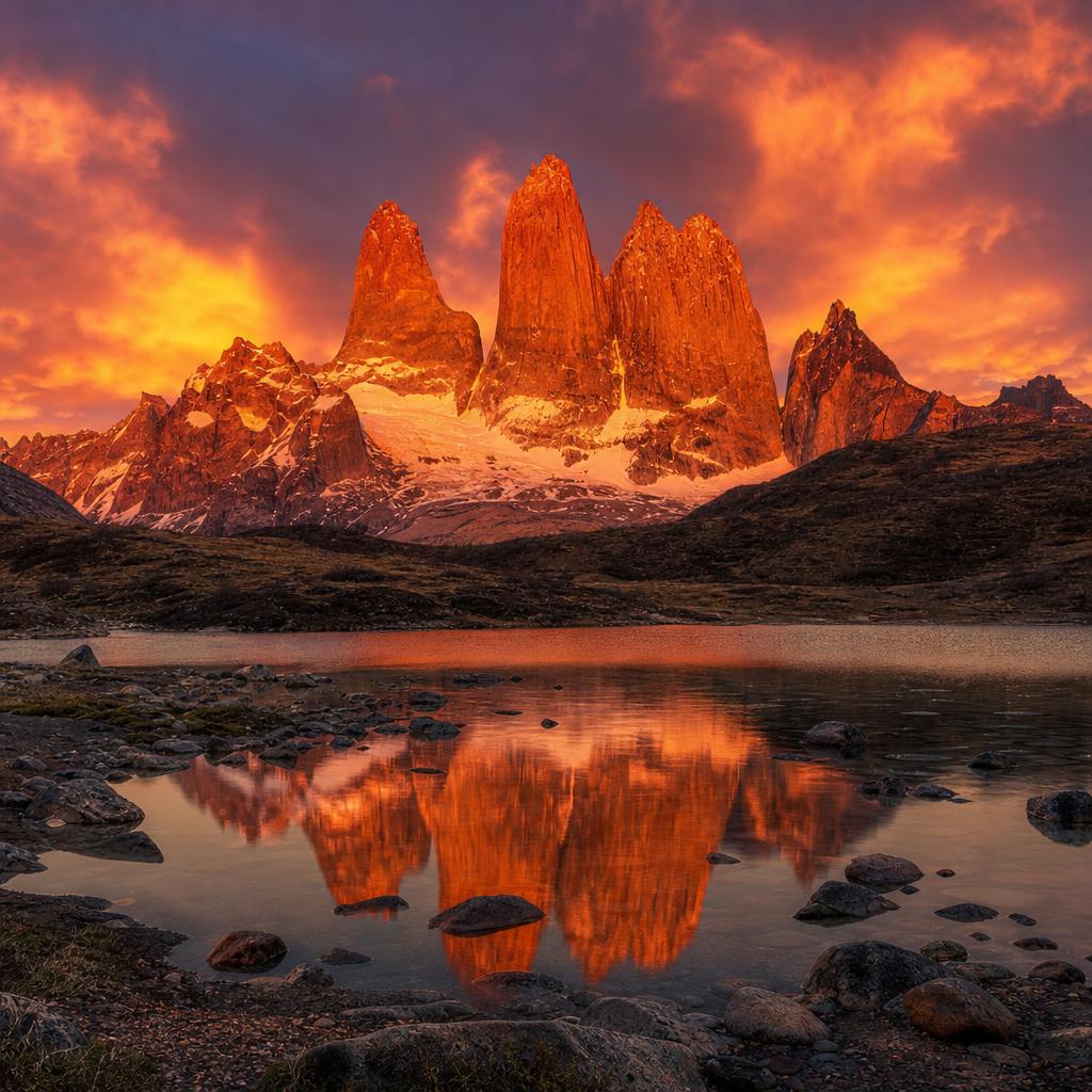 Majestic granite peaks of Torres del Paine stand tall in Chilean Patagonia.