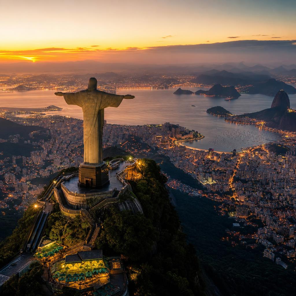 Rio de Janeiro stretches out beneath the iconic Christ the Redeemer in Brazil.