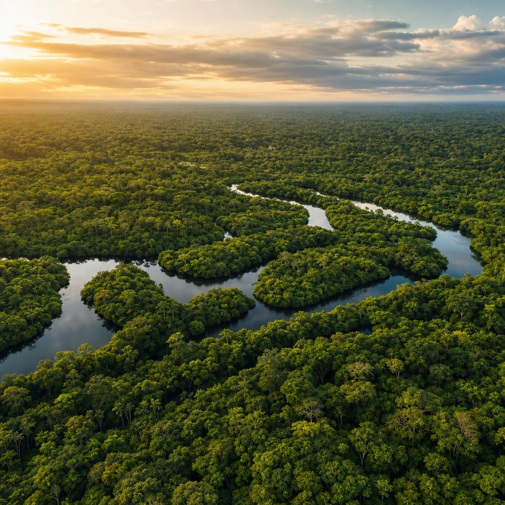 Winding dark rivers carve through the dense emerald jungle of the Republic of the Congo.