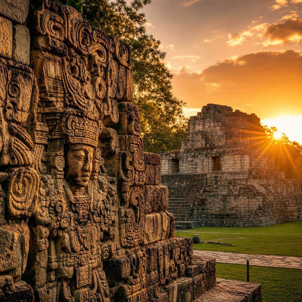 Intricate Mayan carvings at the Copan Ruinas site in Honduras catch the final rays.