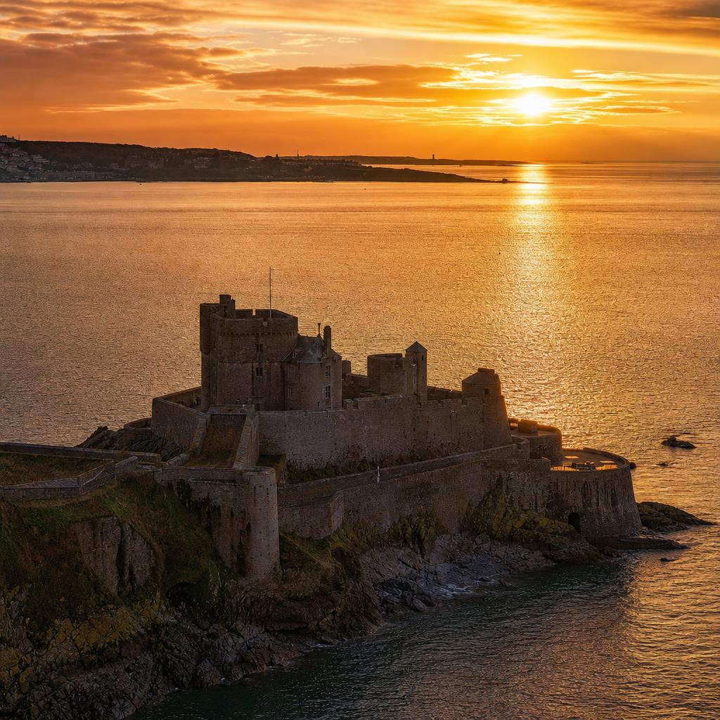 Silhouetted stone walls of Cornet Castle stand prominently above the waters of Guernsey.