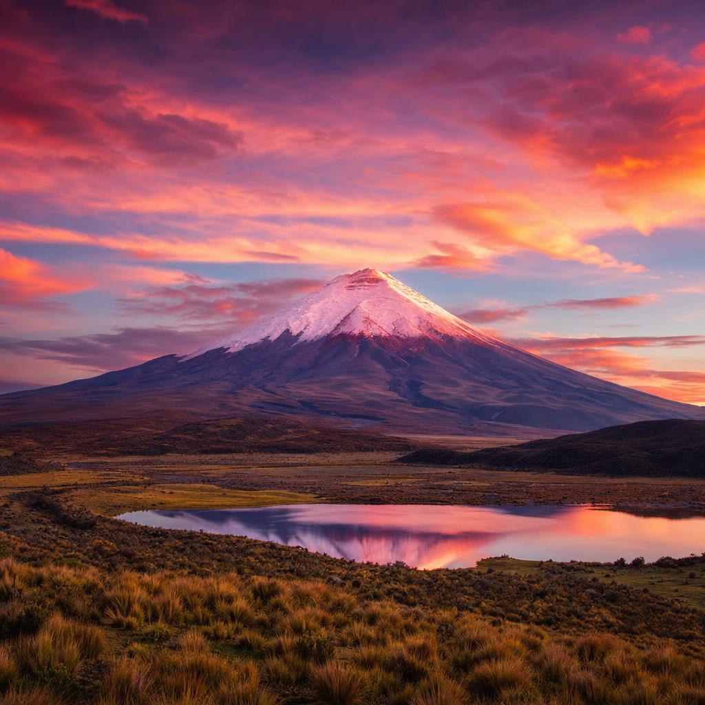The impressive Cotopaxi volcano shines under the evening sky in Ecuador.