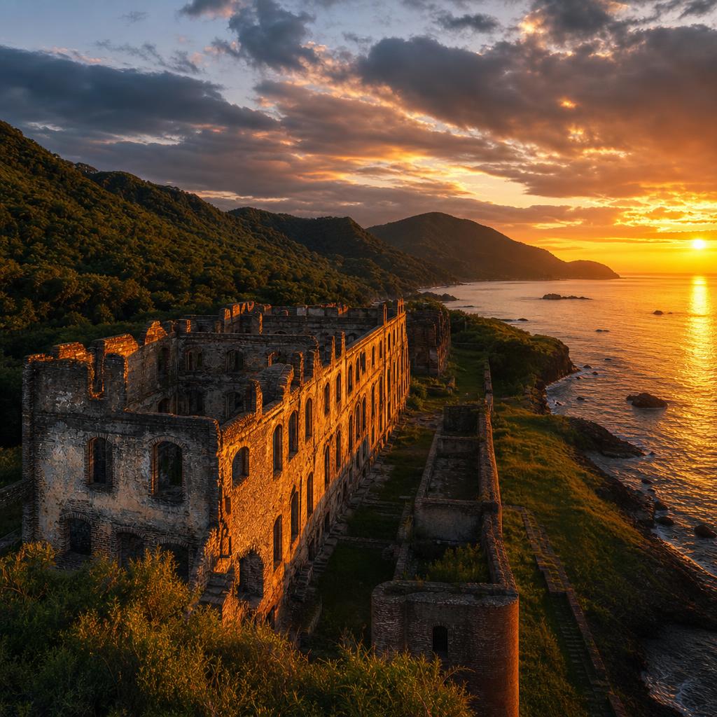Historic structures on Devil's Island are bathed in golden light in French Guiana.