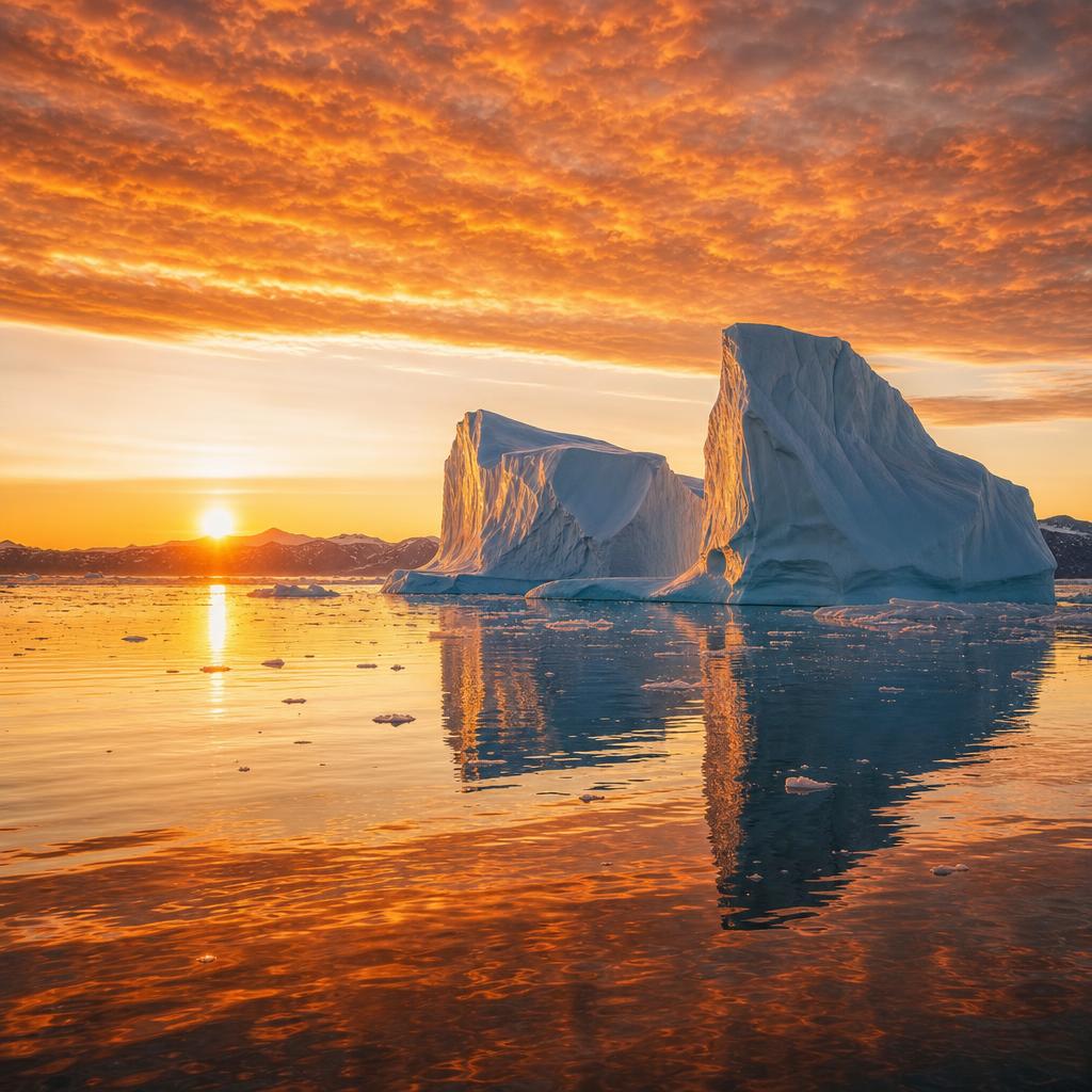 Arctic sunset light shimmers across massive drifting icebergs in the waters of Greenland.