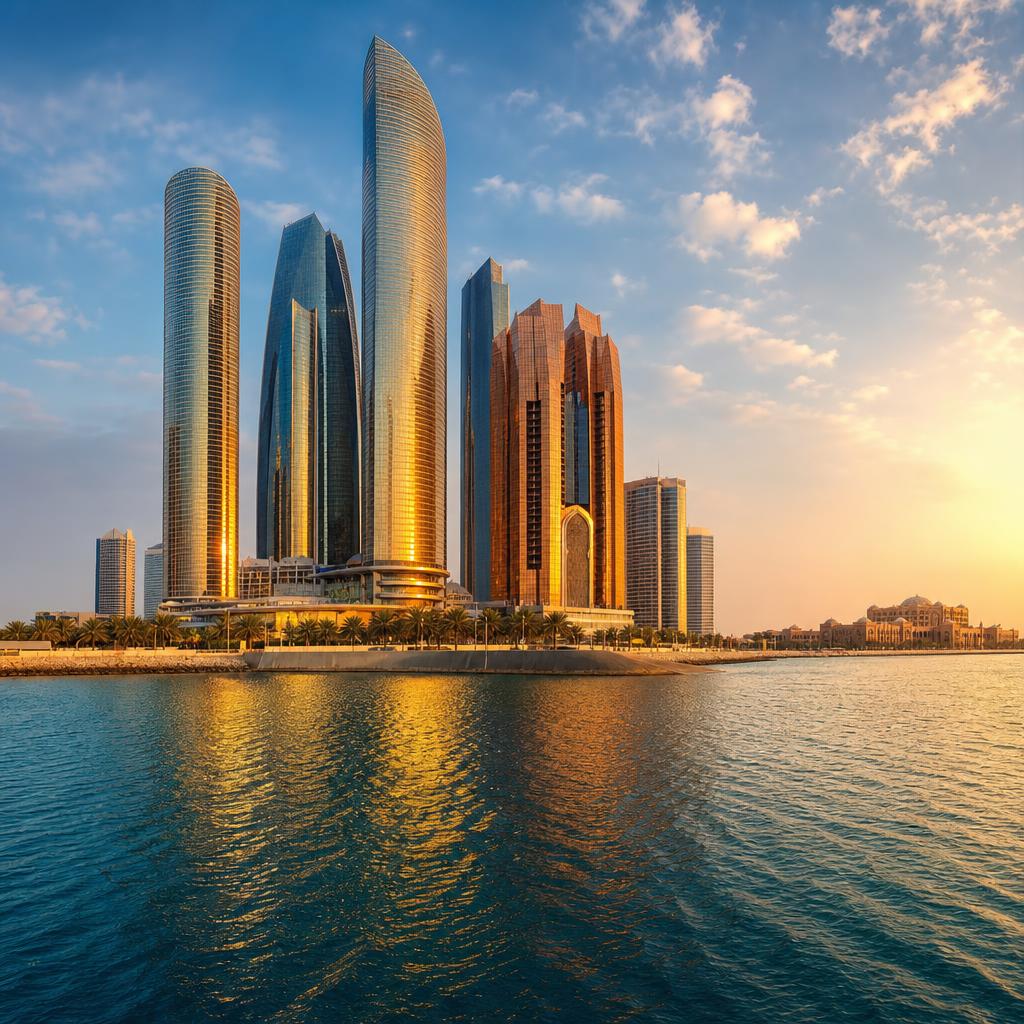 The modern Doha skyline reflects warm golden sunlight across the peaceful Persian Gulf.