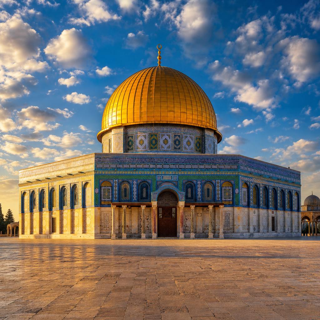 Jerusalem features the iconic golden roof of the Dome of the Rock at sunset.