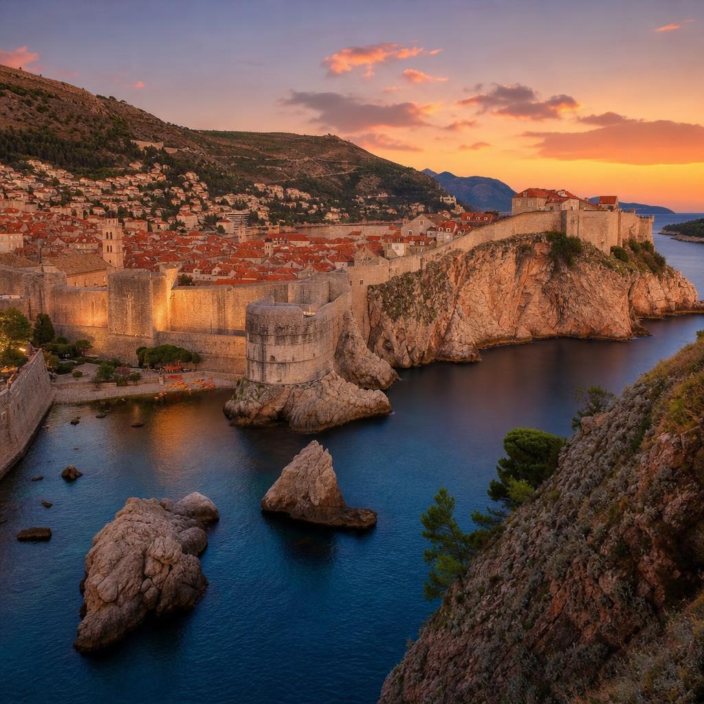 Ancient stone walls of Dubrovnik glow beside the sea in coastal Croatia.