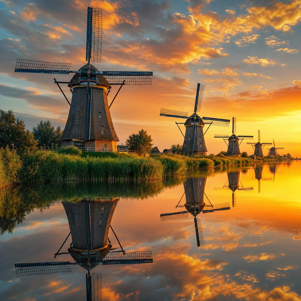 Iconic windmills define the serene landscape of the Dutch countryside in the Netherlands.