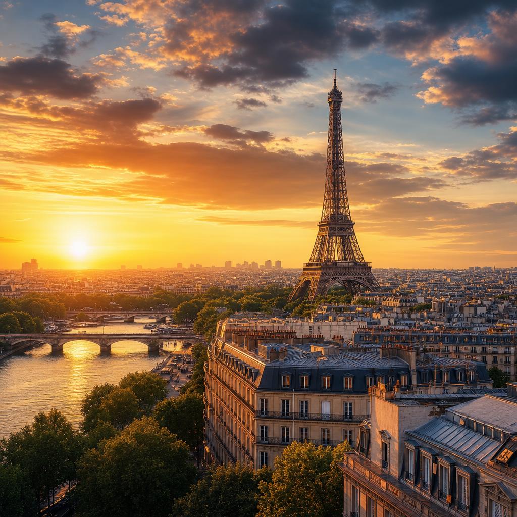 Sunset over the Eiffel Tower and the River Seine in Paris, France