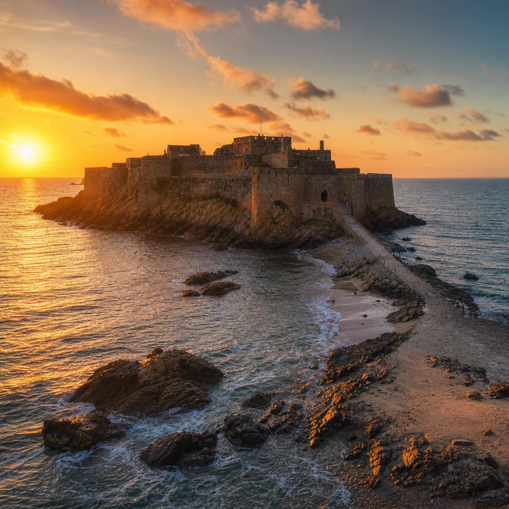 The historic walls of Elizabeth Castle in Jersey reflect in the calm ocean tide.