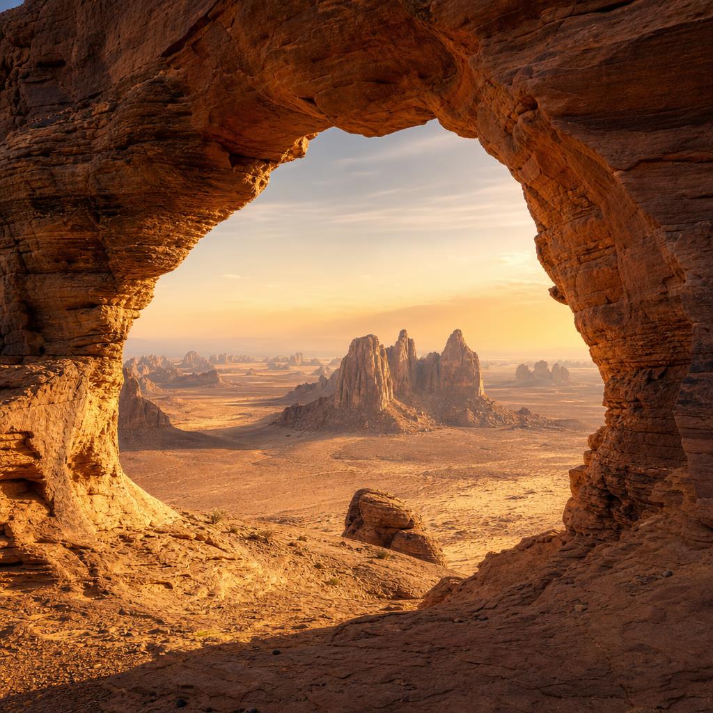 Towering sandstone arches of the Ennedi Massif glow in the Chad desert light.