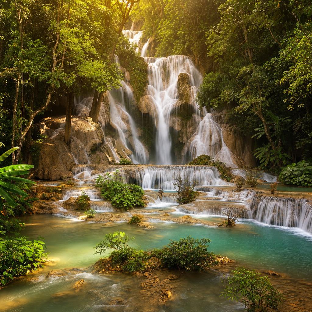 Lush greenery surrounds the cascading waters of Erin-Ijesha waterfalls in Nigeria at dusk.