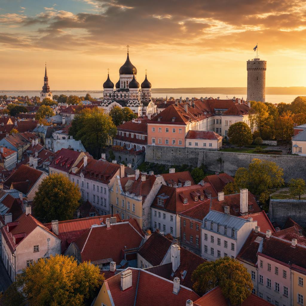 Medieval spires of Tallinn create a stunning golden skyline for Estonia.