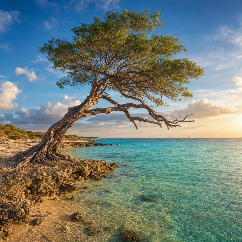Graceful branches of a fofoti tree frame the serene coastline of Aruba.