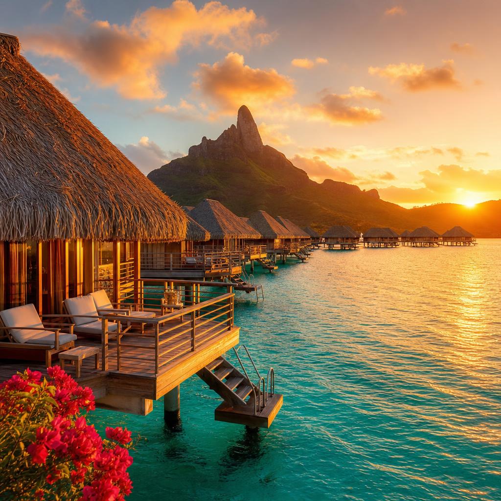 Amber sunset light reflects off the serene lagoon surrounding Bora Bora in French Polynesia.
