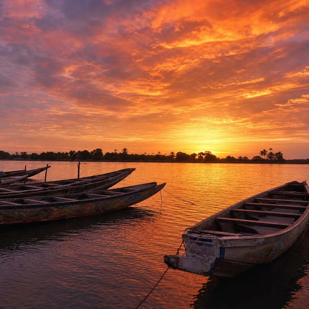 Vibrant hues of the sunset paint the sky over the historic Gambia River waters.