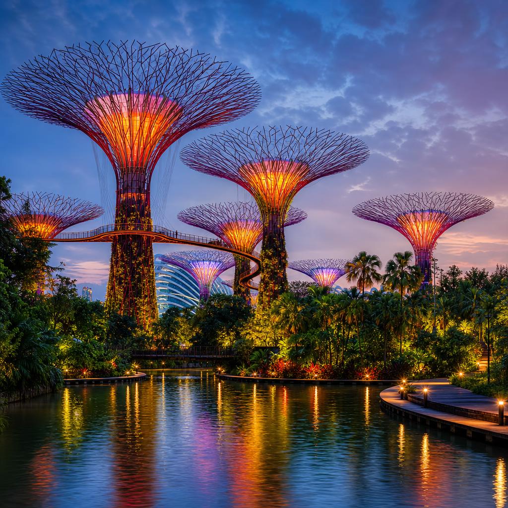Singapore's iconic Gardens by the Bay supertrees begin to glow as evening light fades.
