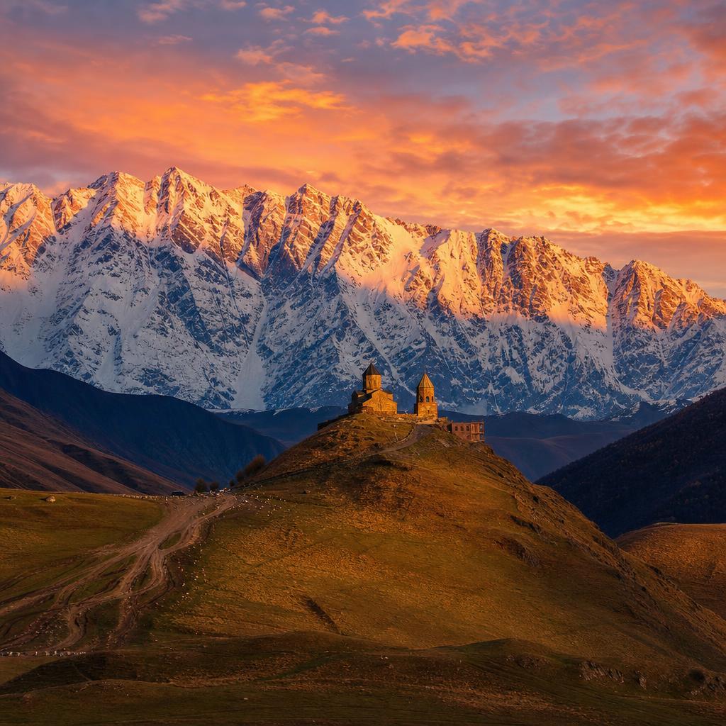 Snowy Caucasus peaks provide a dramatic backdrop for the historic Gergeti church in Georgia.