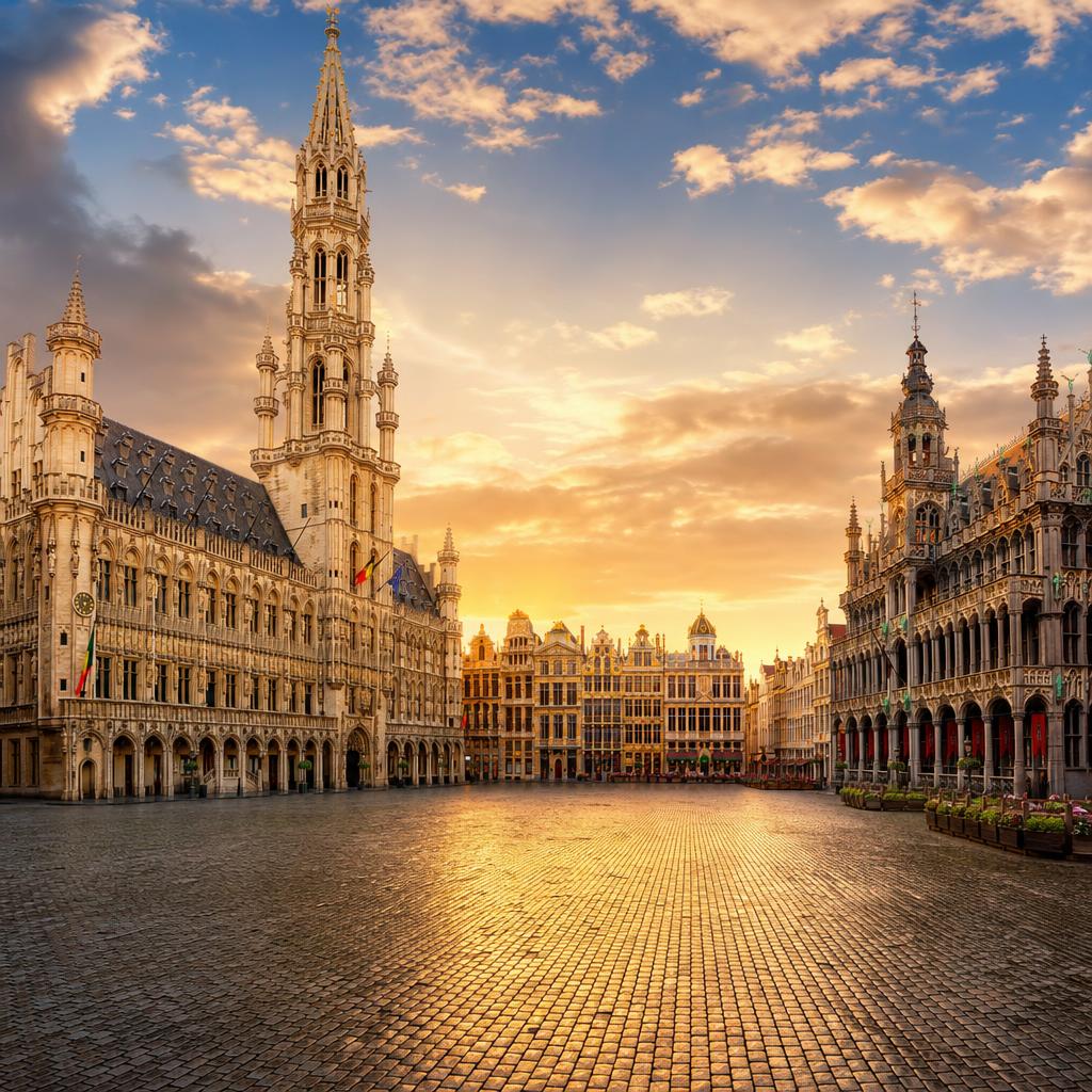 Intricate medieval architecture shines in Brussels' historic Grand Place during golden hour.