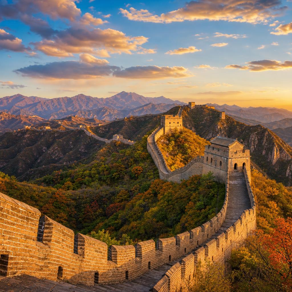 Ancient stones of the Great Wall shimmer during a sunset in China.