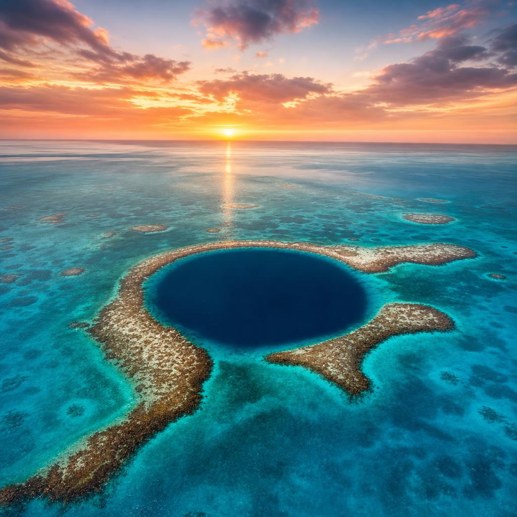Deep marine depths create the mesmerizing Great Blue Hole off Belize's coast.