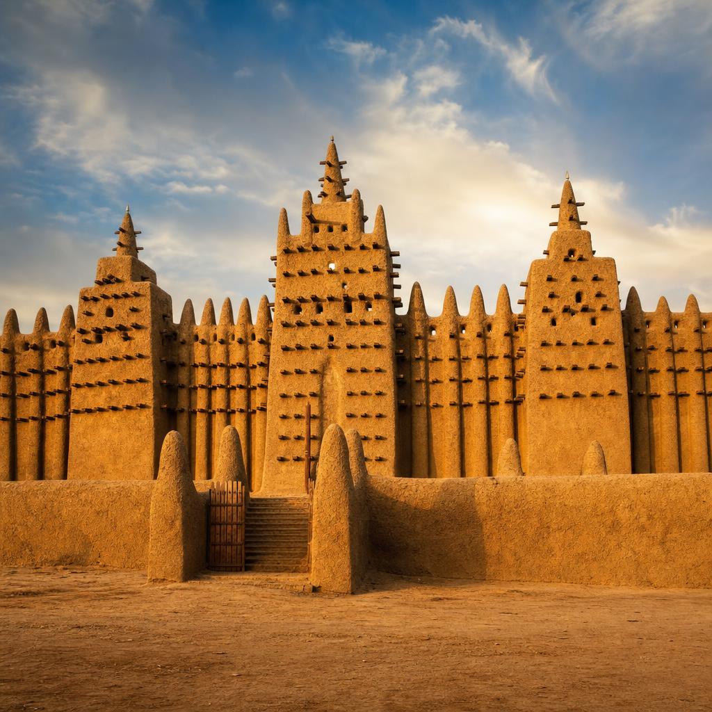 The iconic earthen architecture of the Great Mosque of Djenne represents the soul of Mali.