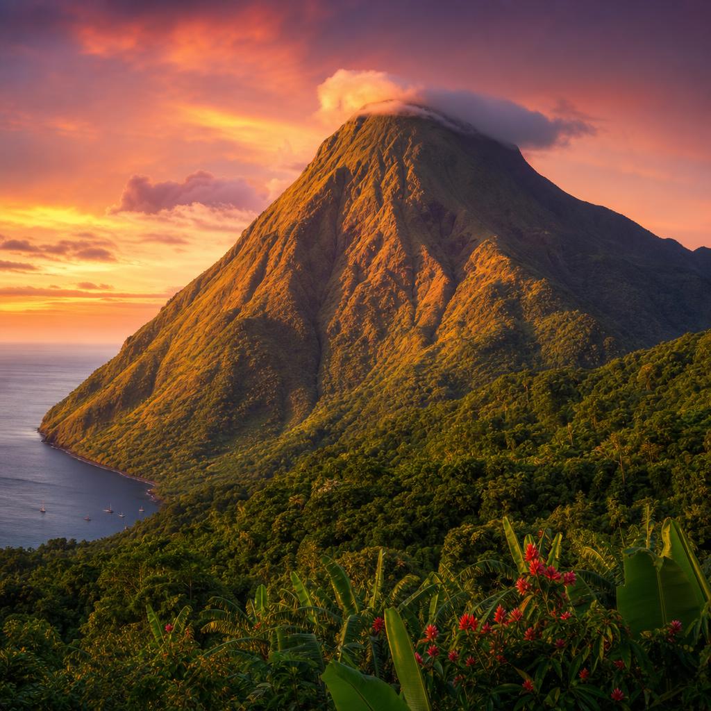 Guadeloupe features the verdant La Soufriere volcano framed by the warm colors of dusk.