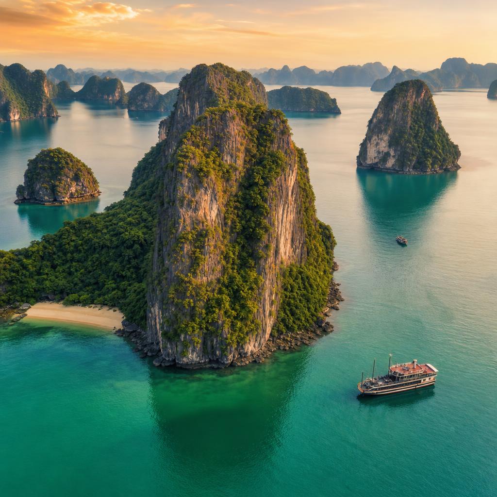 Ha Long Bay features unique limestone formations scattered across the waters of Vietnam.