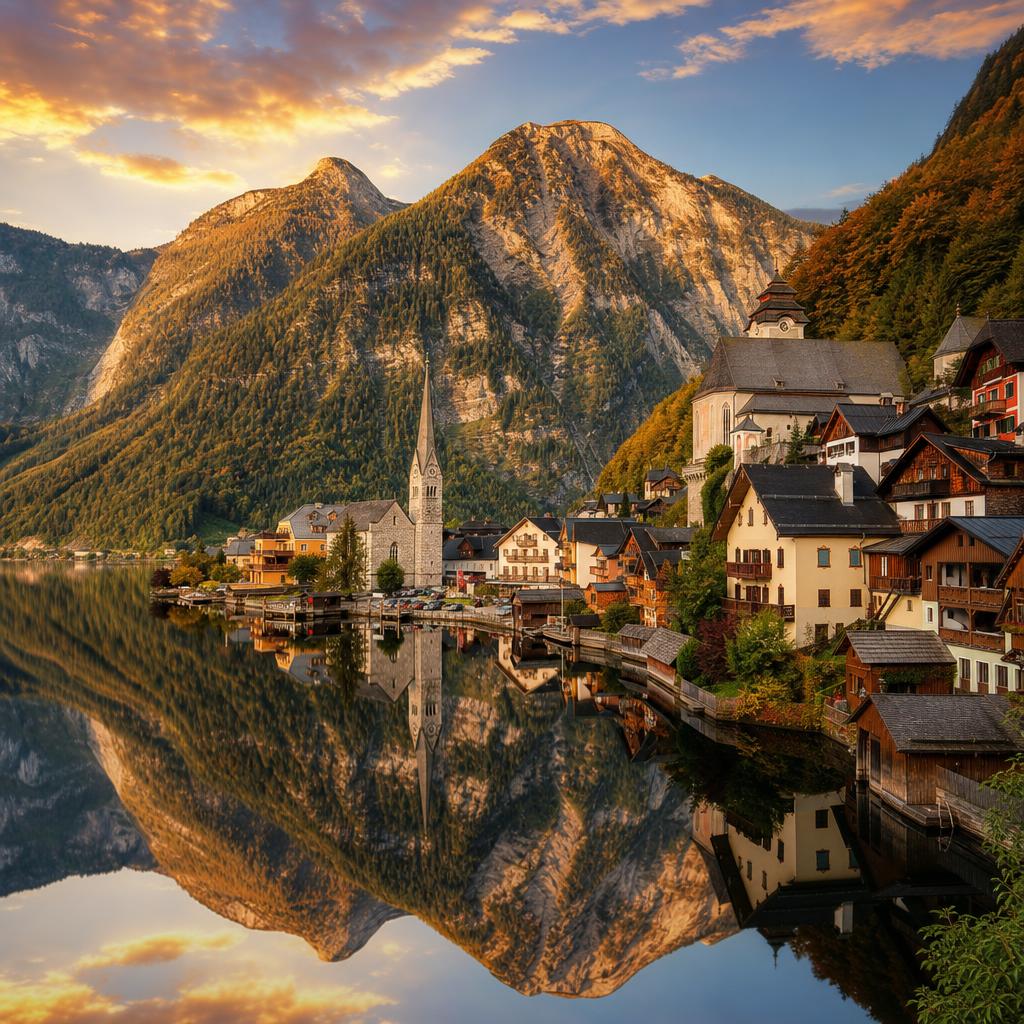 The iconic alpine architecture of Hallstatt mirrors beautifully across the calm lake surface.