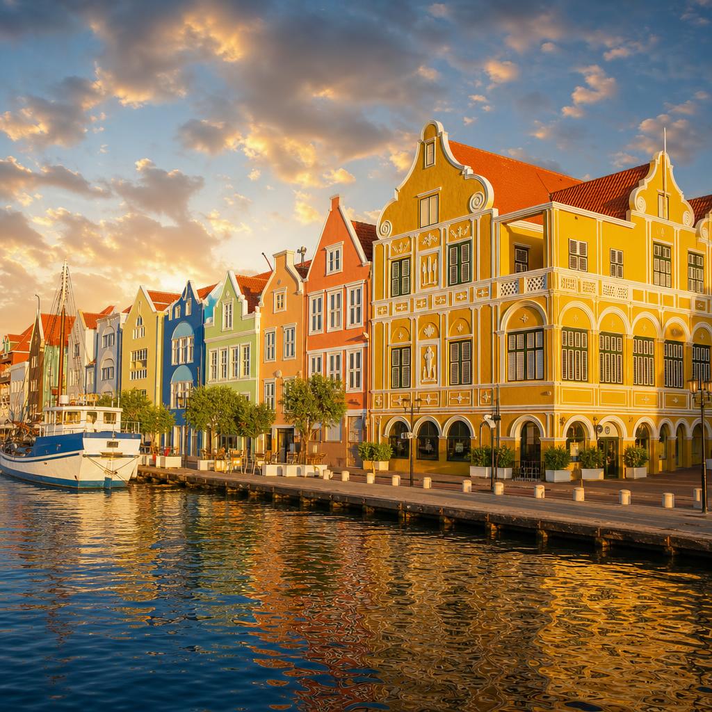 Brightly colored buildings line the waterfront of Willemstad on the island Curaçao.