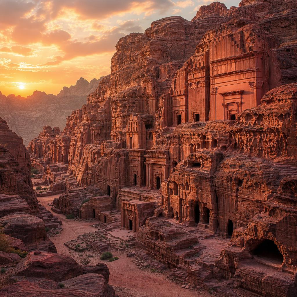 Rose-colored sandstone cliffs contain the ancient tombs of Hegra in Saudi Arabia.