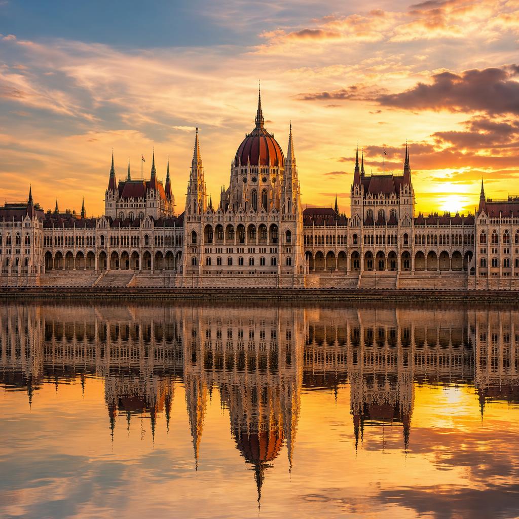 Stunning architecture of the Hungarian Parliament glows warmly beside the flowing Danube River.