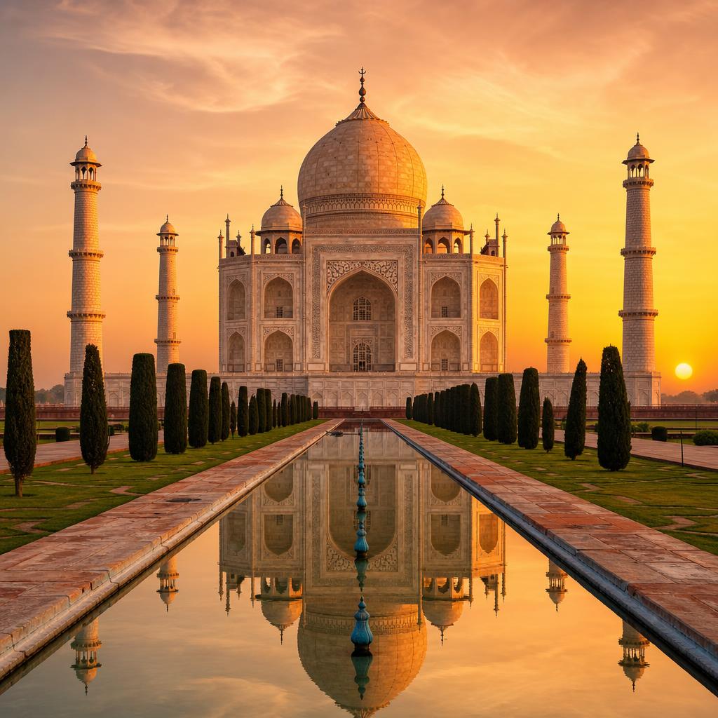 Soft golden light reflects beautifully off the iconic white marble of India's Taj Mahal.
