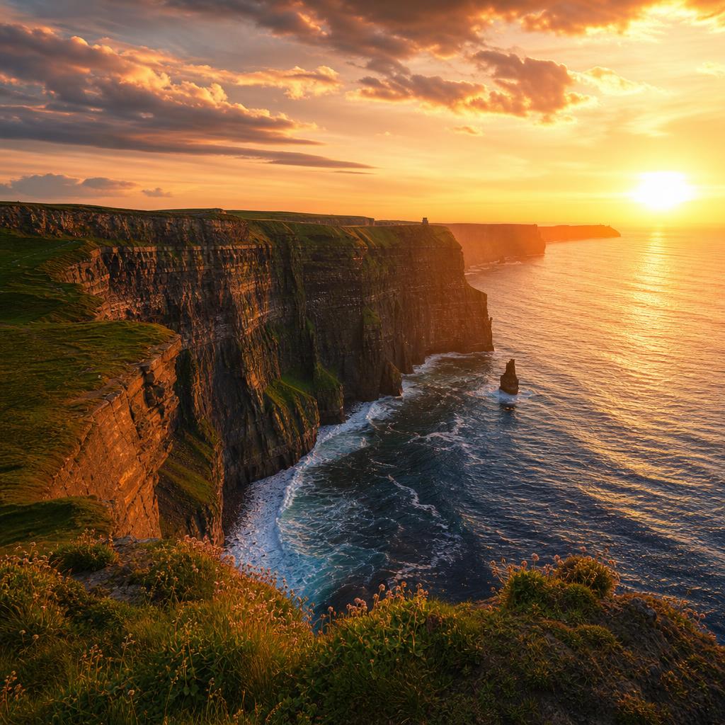 Dramatic Atlantic cliffs in Ireland are illuminated by the warm glow of the sun.